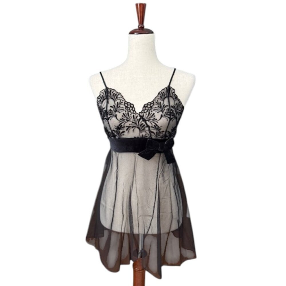 Victoria's Secret Angels Black Mesh Babydoll Chemise Slip Velvet Bow Sheer M EUC